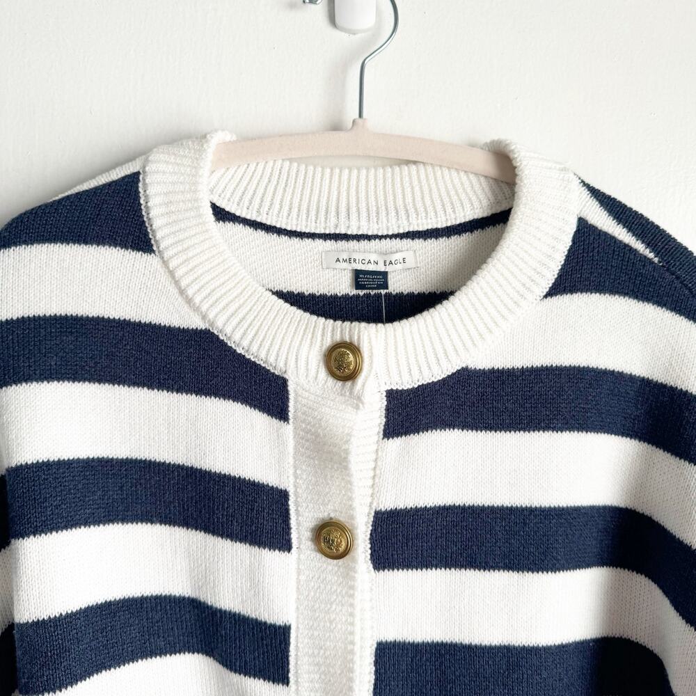 American Eagle Navy Striped Cropped Crewneck Cardigan NWT XL Preppy Nautical - Picture 6 of 15